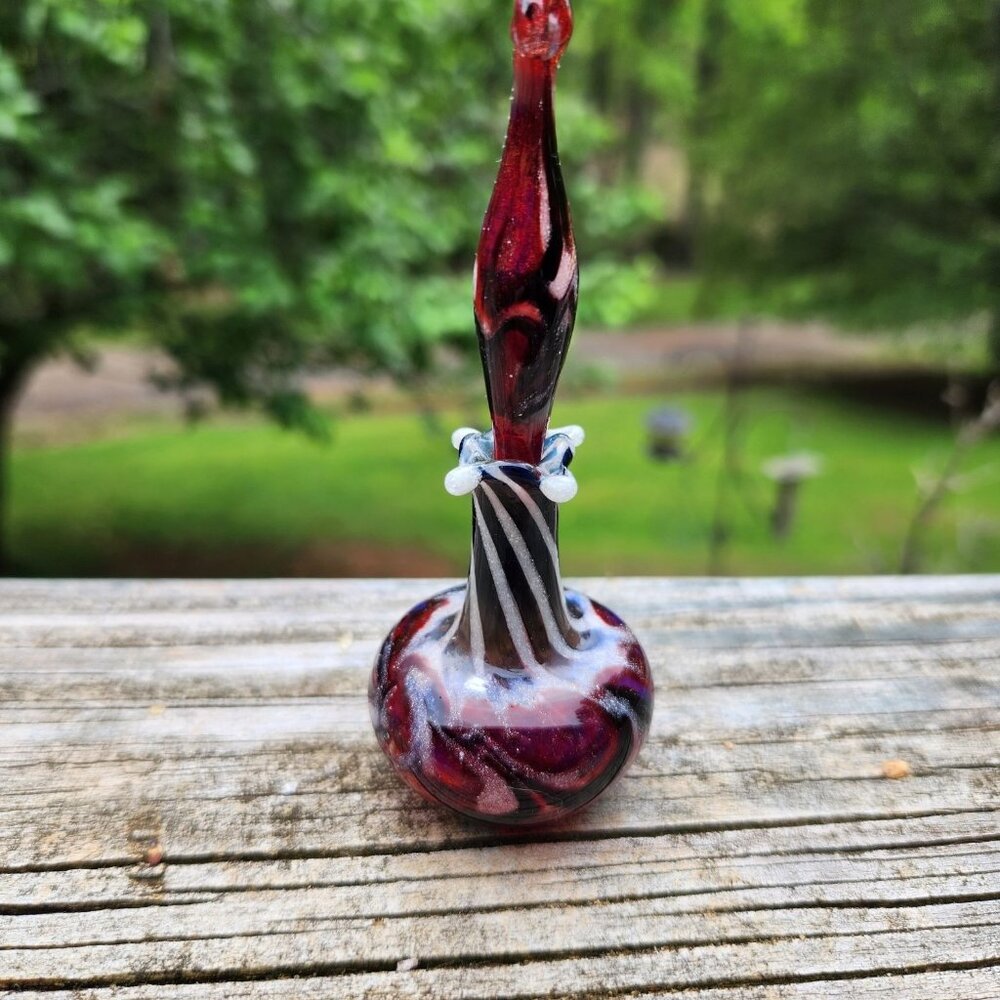 Vintage Hand Blown Art Glass Perfume Bottle With Stopper - Red & Black Swirl Des
